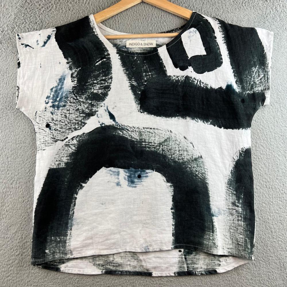 Indigo & Snow Womens Linen Abstract Print Boxy Short Sleeve Top Black White M